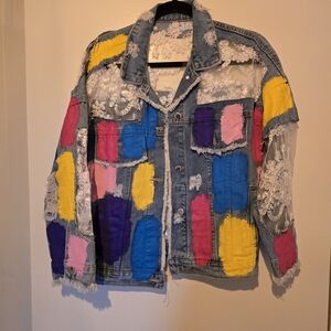 Colorful Denim Jacket with Lace Accents